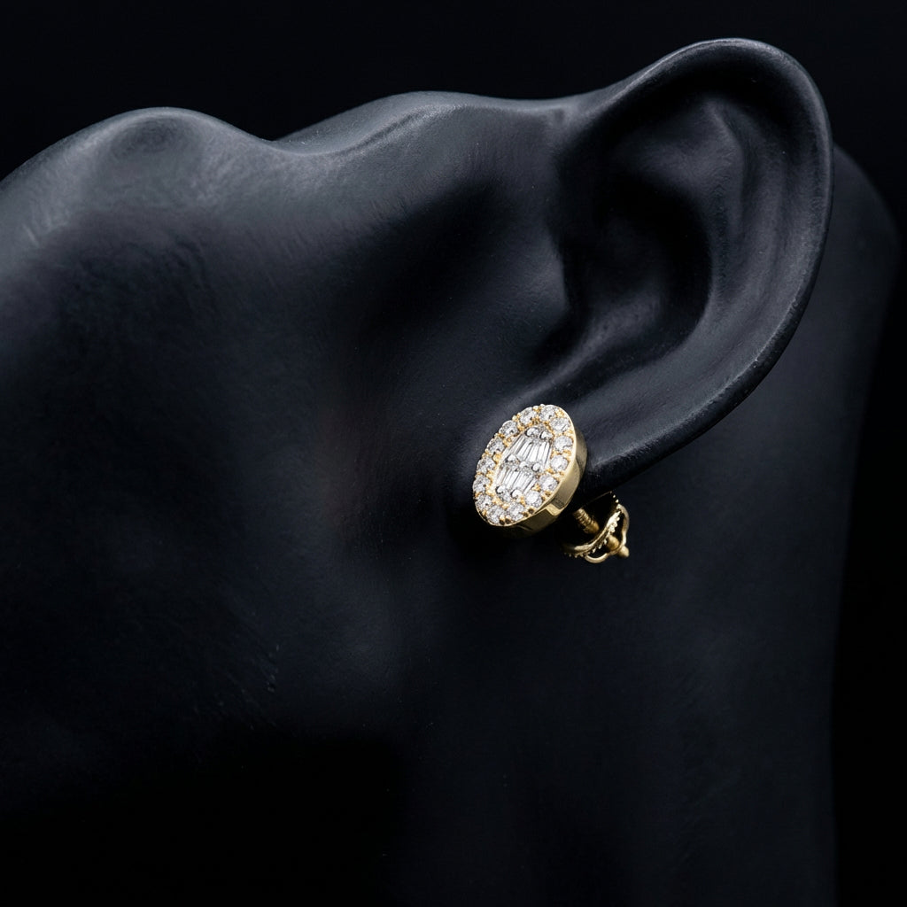 10k Yellow Gold Oval Baguette Diamond Earrings 1/8CT displayed on ear - GOLDZENN