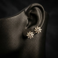 1/4CT Cognac Diamond Flower Earrings in 10k Gold displayed on ear - GOLDZENN