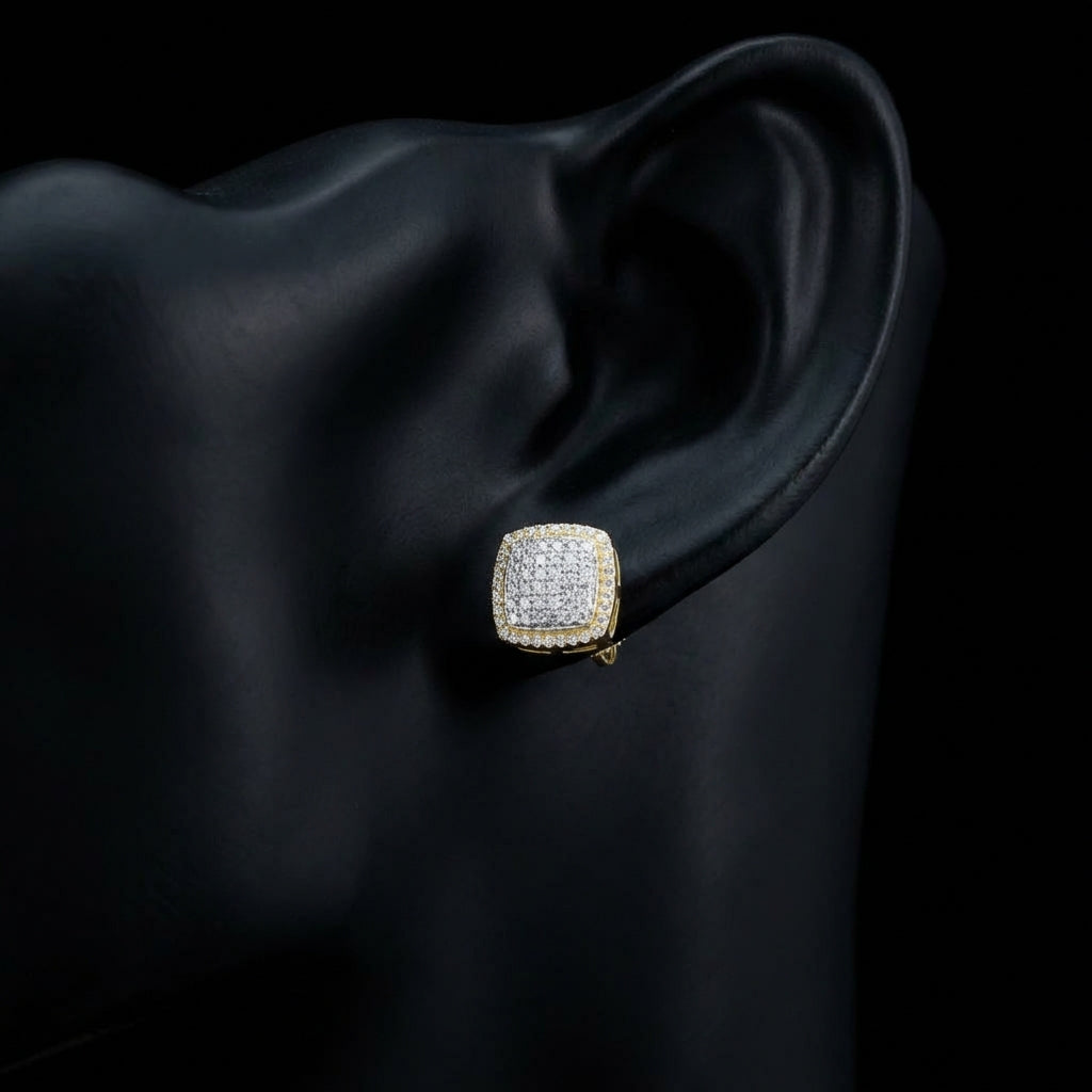 10K Yellow Gold Diamond Cushion Earrings 1/2CTW displayed on ear - GOLDZENN