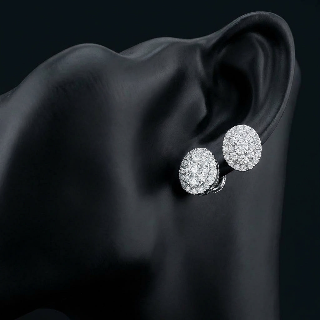 1CTW Diamond Oval Earrings – 14K White Gold displayed on ear - GOLDZENN