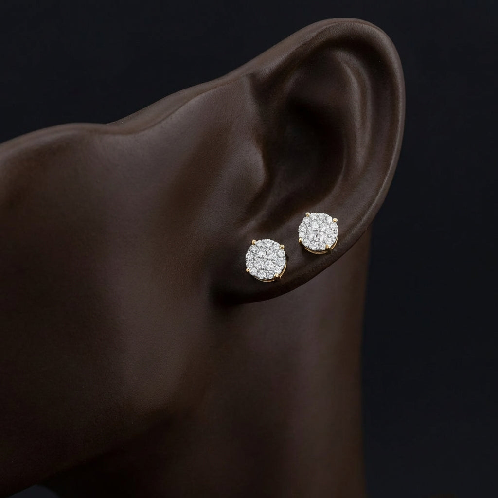 14k Yellow Gold Diamond Cluster Earrings 1/2 Cttw displayed on ear - GOLDZENN