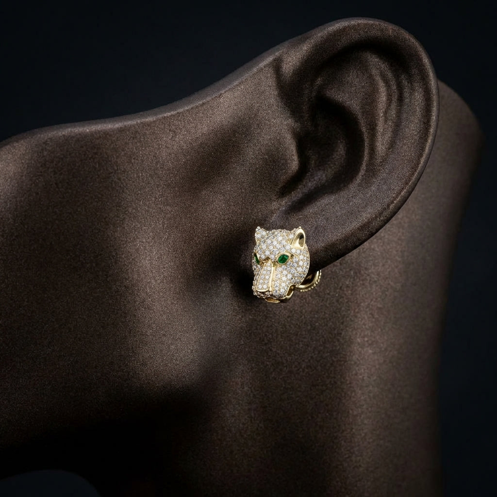 14k Gold Diamond Leopard Earrings 2 3/8 CTTW displayed on ear - GOLDZENN