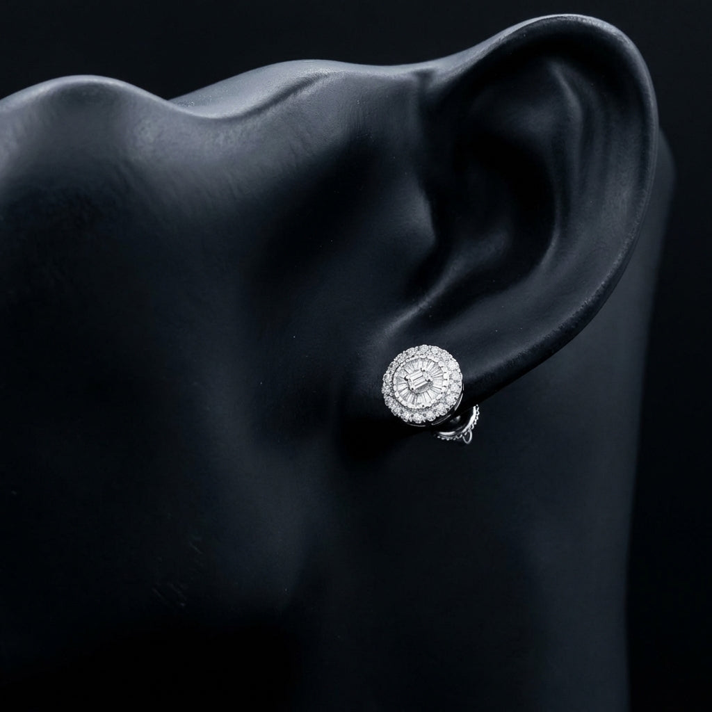 10k Gold Round Baguette Diamond Earrings 1/5 CTW displayed on ear - GOLDZENN