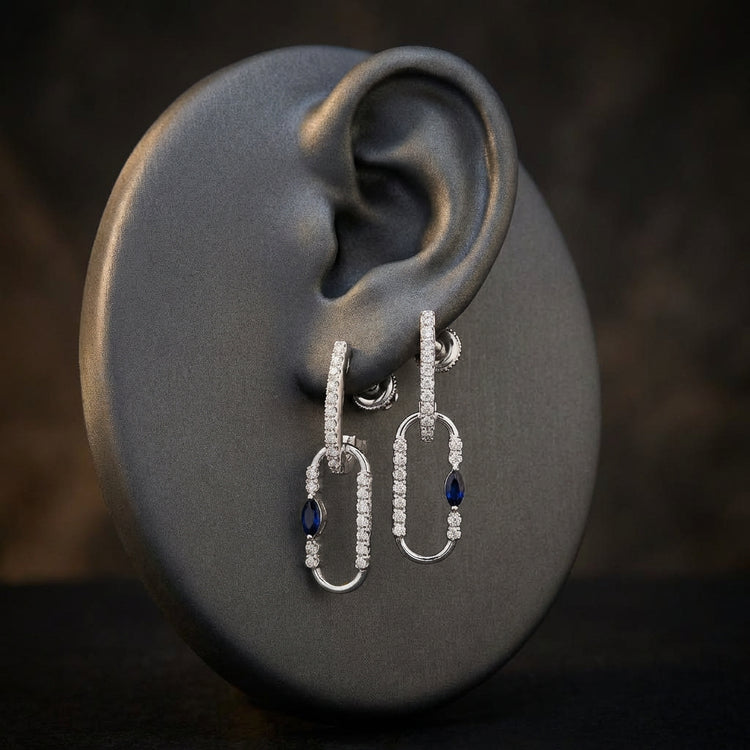 14K White Gold Diamond Paper Clip Dangle Earrings displayed on ear - GOLDZENN