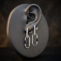 14K White Gold Diamond Paper Clip Dangle Earrings displayed on ear - GOLDZENN