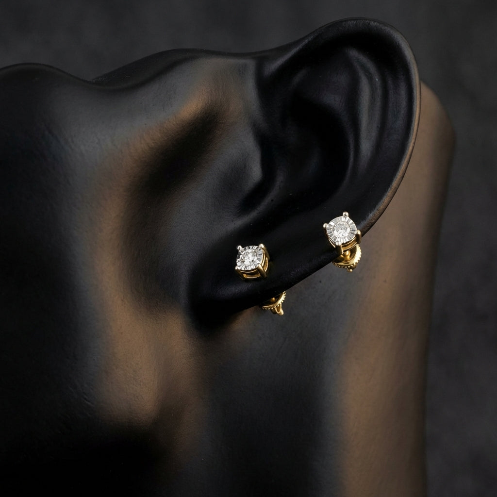 10k Yellow Gold Diamond Stud Earrings 1/20 Cttw displayed on ear - GOLDZENN