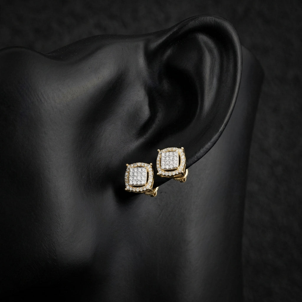 1/4CTW Cushion Diamond Earrings in 10K Yellow Gold displayed on ear - GOLDZENN