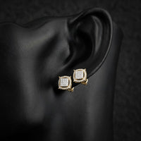 1/4CTW Cushion Diamond Earrings in 10K Yellow Gold displayed on ear - GOLDZENN