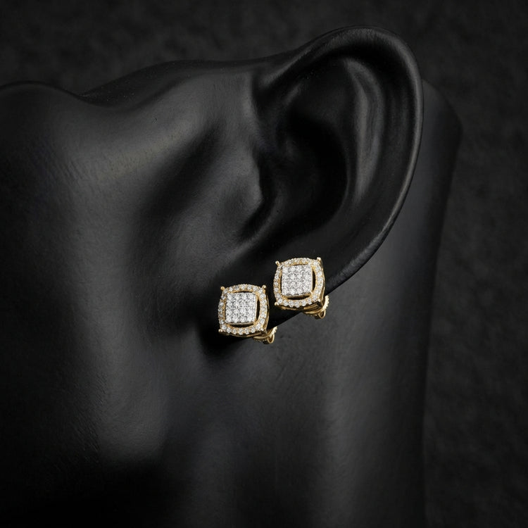 1/4CTW Cushion Diamond Earrings in 10K Yellow Gold displayed on ear - GOLDZENN