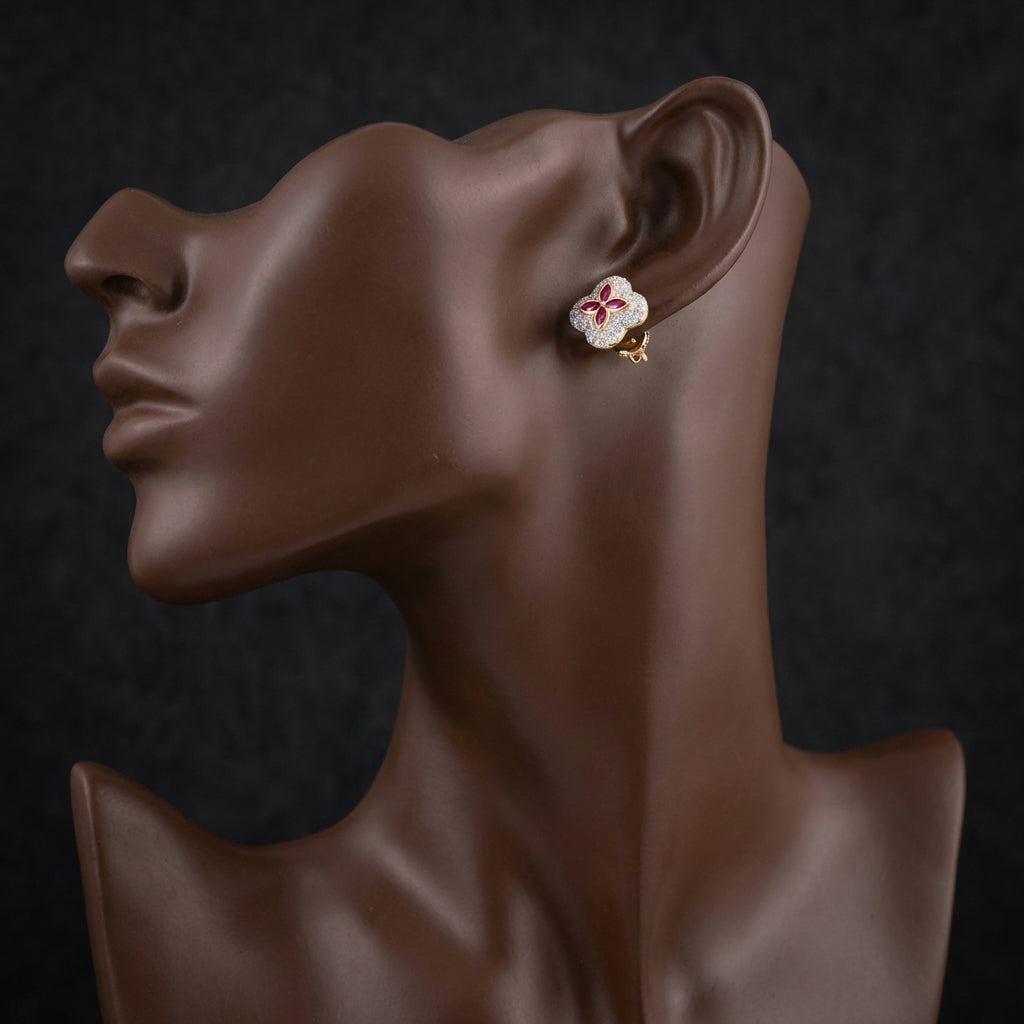 10k Gold Clover Ruby Diamond Earrings 5/8 Cttw displayed on ear - GOLDZENN