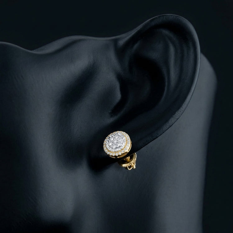3/8CTW Round Diamond Earrings in 10K Yellow Gold displayed on ear - GOLDZENN