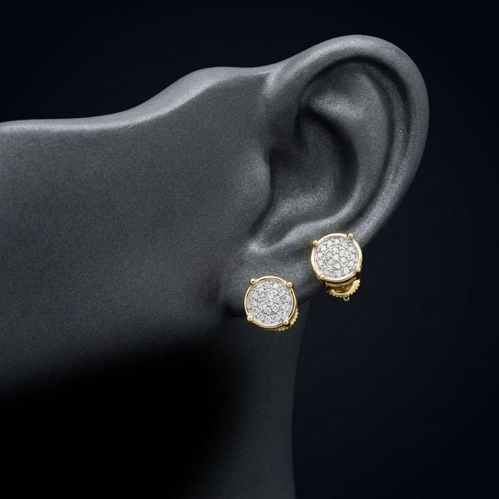 10k Yellow Gold Round Diamond Circle Cluster Earrings displayed on ear - GOLDZENN