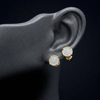 10k Yellow Gold Round Diamond Circle Cluster Earrings displayed on ear - GOLDZENN