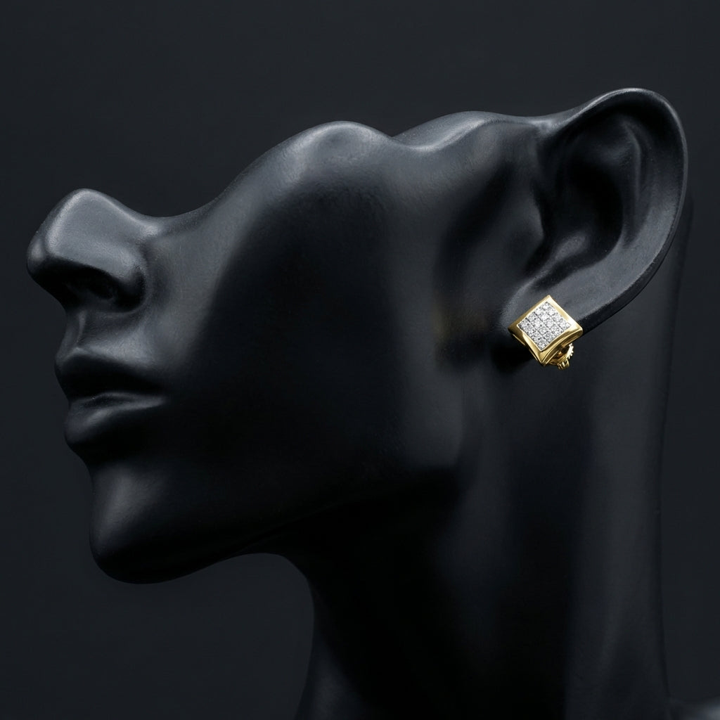 10k Yellow Gold Diamond Kite Cluster Earrings 1/8 Cttw displayed on ear - GOLDZENN