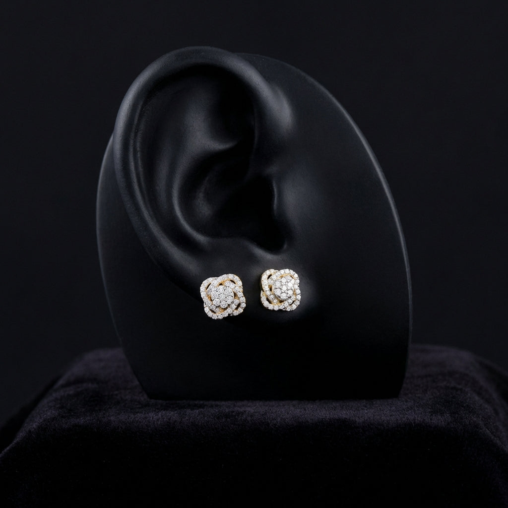 5/8CT Natural Diamond Flower Earrings in 10k Gold displayed on ear - GOLDZENN