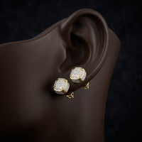 10k Gold Diamond Cushion Cluster Earrings 1/4 Cttw displayed on ear - GOLDZENN
