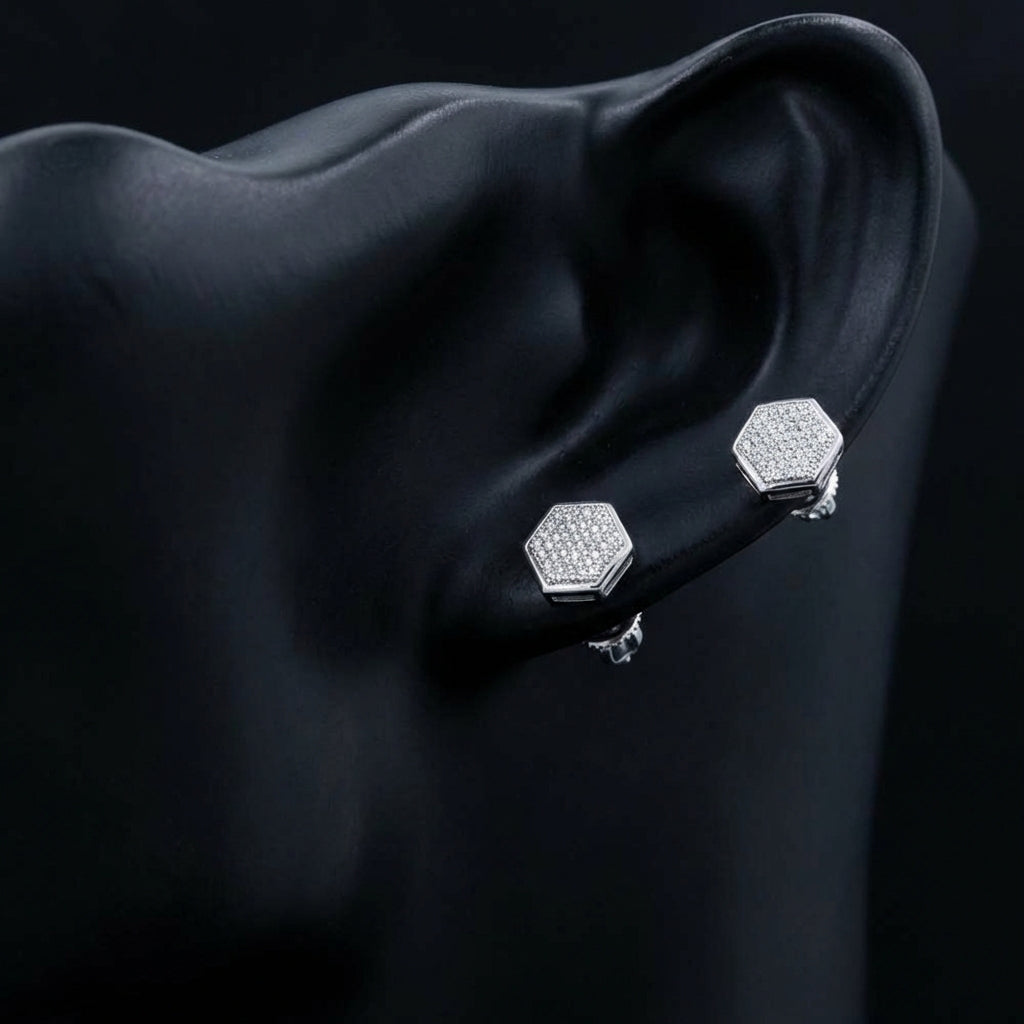 1/4CTW Fashion Diamond Micro-Pave Stud Earrings - 10K White Gold displayed on ear - GOLDZENN