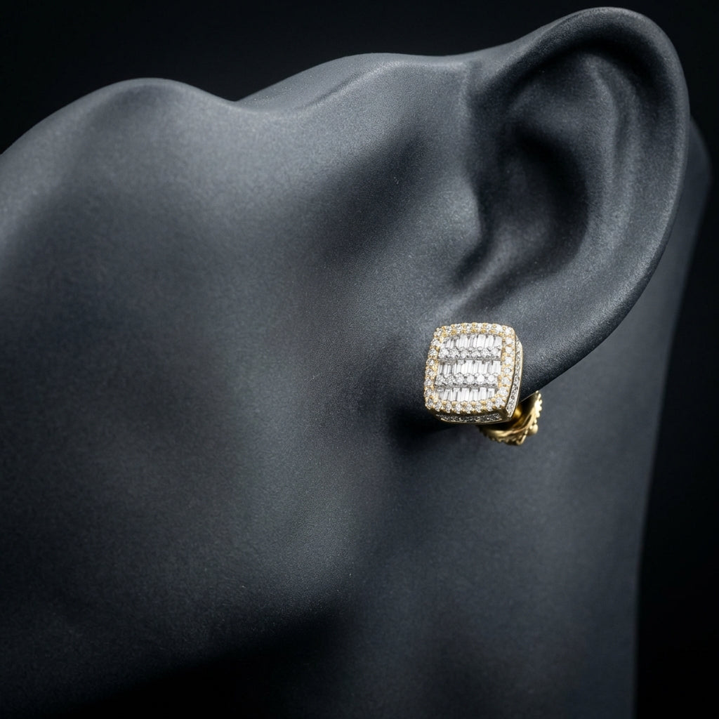 10k Gold Baguette Diamond Square Earrings 3/4 Cttw displayed on ear - GOLDZENN