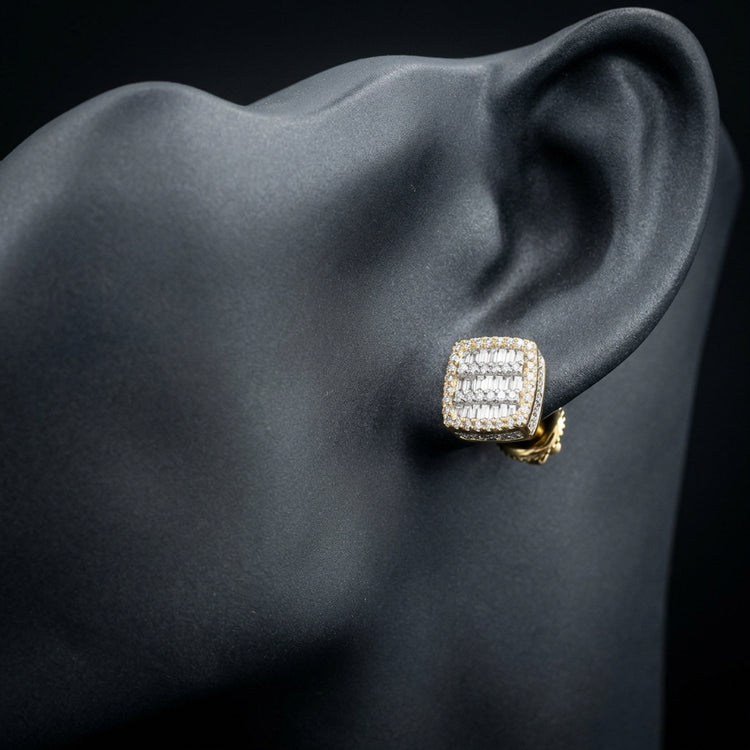 10k Gold Baguette Diamond Square Earrings 3/4 Cttw displayed on ear - GOLDZENN