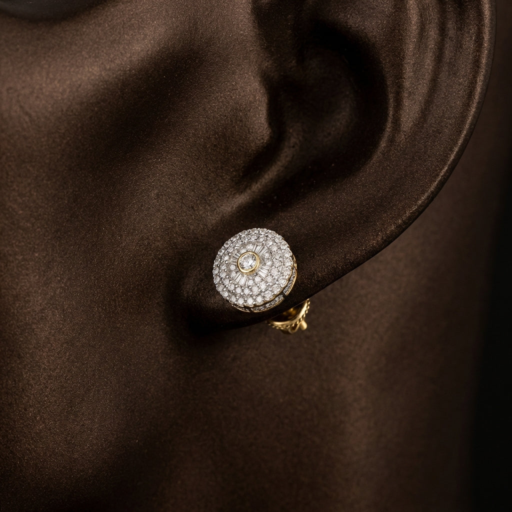 10k Gold Baguette Diamond Circle Earrings 3/4 CTTW displayed on ear - GOLDZENN