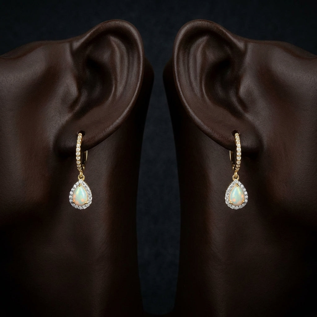 10k Yellow Gold Pear Opal Diamond Dangling Earrings displayed on ear - GOLDZENN