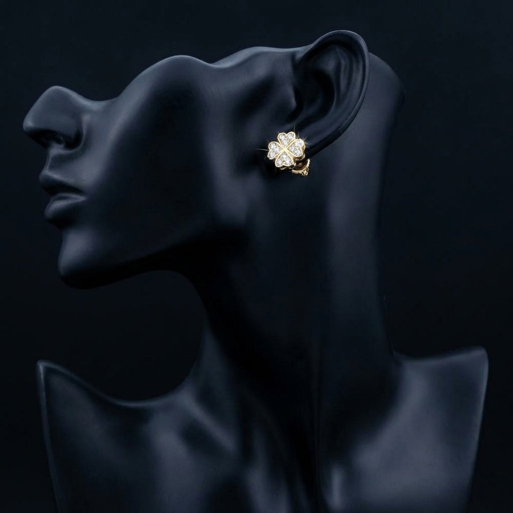 10k Yellow Gold Diamond Clover Earrings 1/6 CTW displayed on ear - GOLDZENN