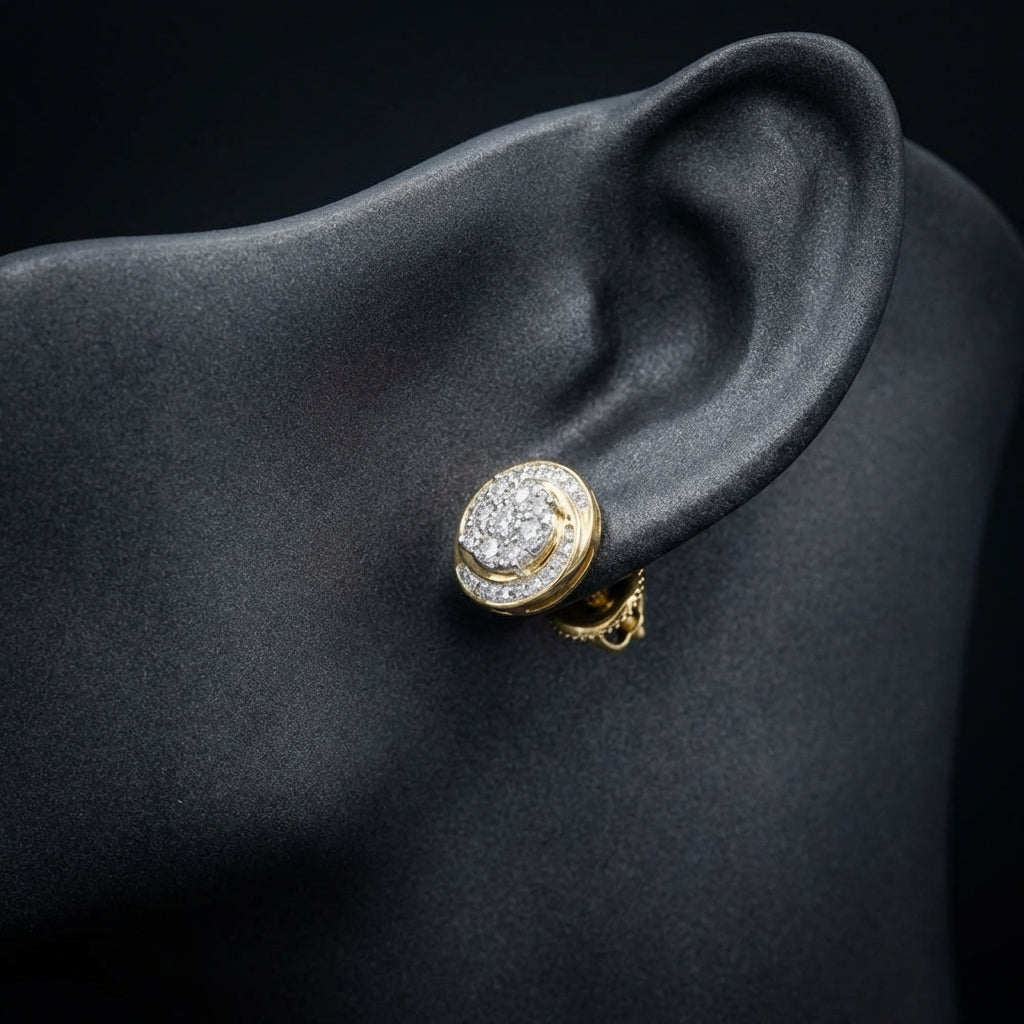 10k Gold Diamond Cluster Earrings 1/5 Cttw displayed on ear - GOLDZENN