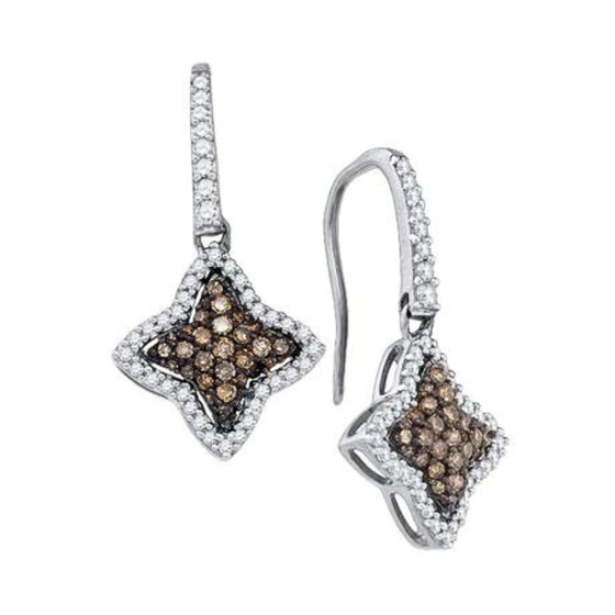 Pendientes colgantes de estrella con diamantes marrones en oro blanco de 10 quilates