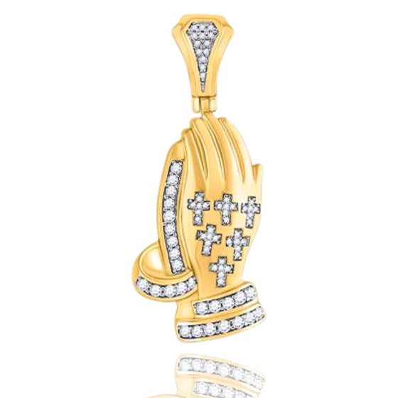 Colgante de cruz con manos en oración y diamantes en oro de 10 quilates (5/8 quilates)