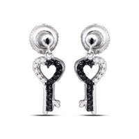 10k White Gold Black Diamond Key Heart Earrings close-up detail - GOLDZENN