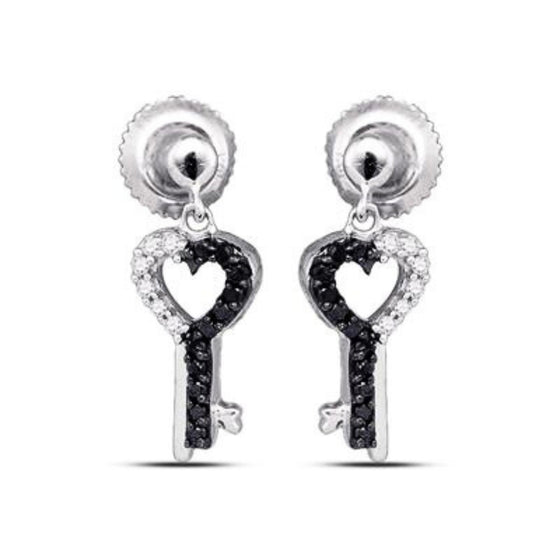 Pendientes de corazón con llave de diamantes negros en oro blanco de 10 k