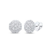 The 10K White Gold Diamond Hexagon Stud Earrings 3/8CTW feature round, multi-layered hexagon studs with intricate geometric patterns and natural diamonds, shown against a white background.