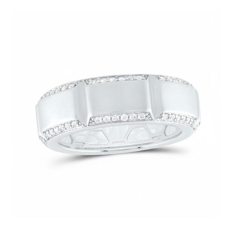 The 5/8CTW Diamond Men's Band in 14k Yellow Gold features a matte center panel bordered by two rows of small round diamonds, creating an elegant and striking natural diamond ring for men.