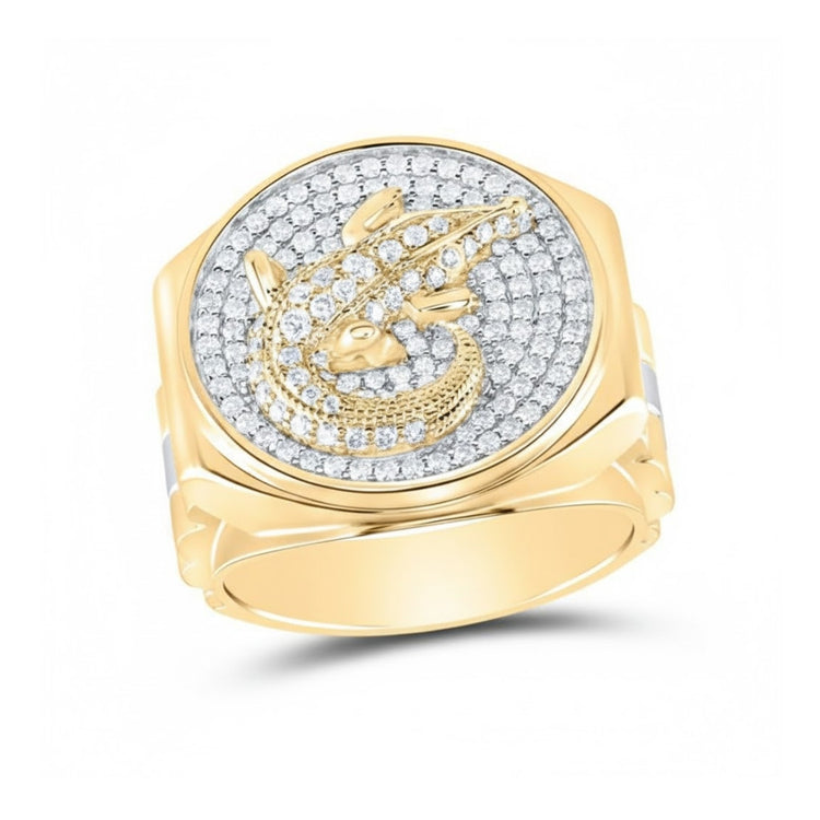 This 1CTW Diamond Crocodile Men's Ring in 14k gold features a round, diamond-encrusted face with a raised crocodile design and sparkling stones, finished with sleek, angular band details for a sophisticated look.