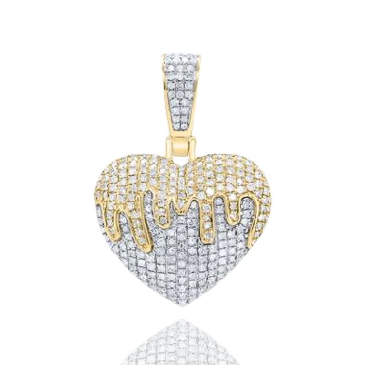 10k Yellow Gold Diamond Heart Pendant 0.75ct with a melting heart design, diamond accents, a dripping top, and diamond-studded bail.