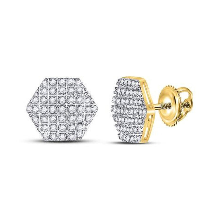 The 10kt Gold Diamond Hexagon Earrings 1/5 Cttw feature yellow gold with rows of sparkling diamonds; one earring displays the diamond front, and the other shows the secure screw-back and polished gold side.