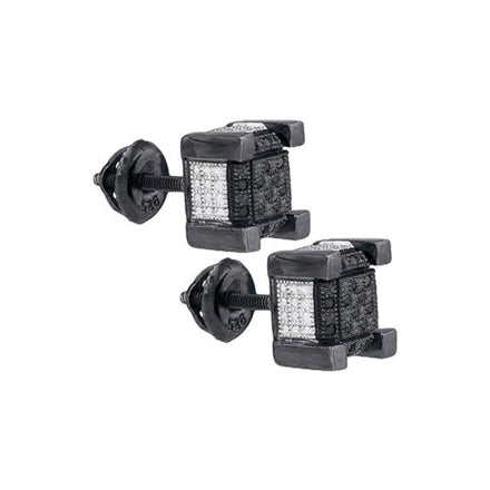 Sterling Silver Black Diamond Cube Earrings 1/10 CTTW: Square-shaped earrings with a 3D cube design, each face adorned with black diamonds and featuring a screw-back closure, shown on a white background.
