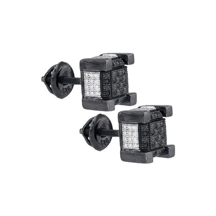 Sterling Silver Black Diamond Cube Earrings 1/10 CTTW: Square-shaped earrings with a 3D cube design, each face adorned with black diamonds and featuring a screw-back closure, shown on a white background.