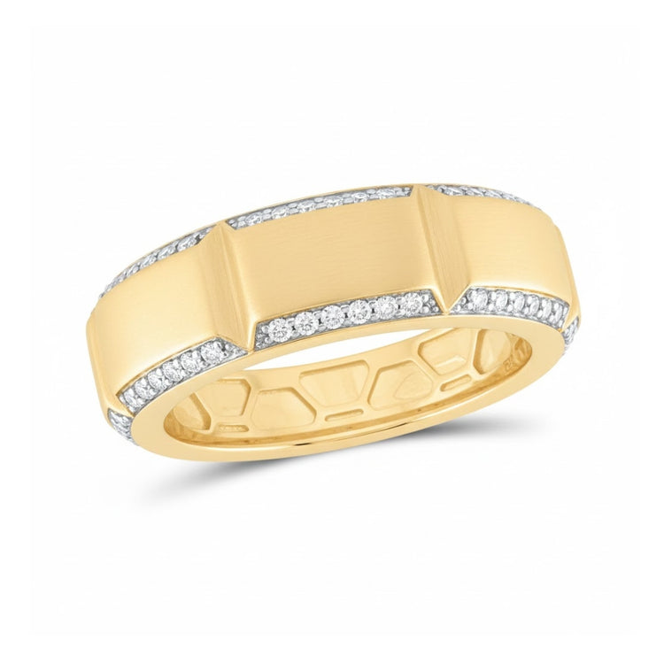 The 5/8CTW Diamond Men's Band in 14k Yellow Gold features a geometric design with a matte finish center and rows of natural diamonds sparkling along the edges.