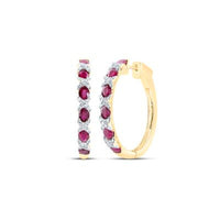 14K Yellow Gold Ruby Diamond Hoop Earrings 3 Cttw close-up detail - GOLDZENN