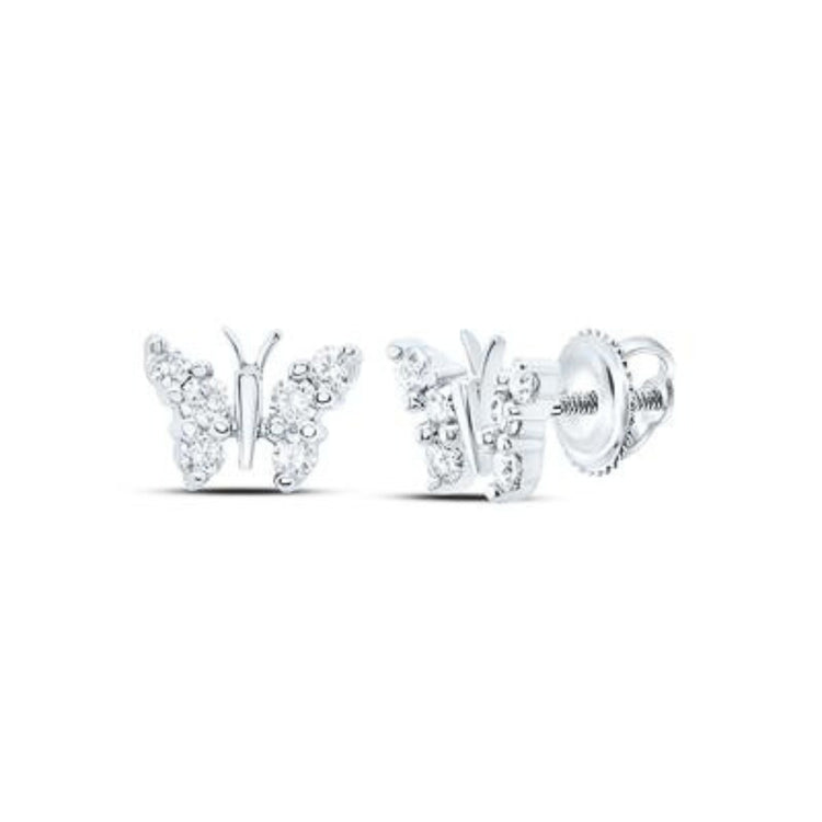 10k White Gold Diamond Butterfly Earrings 1/5 Cttw close-up detail - GOLDZENN