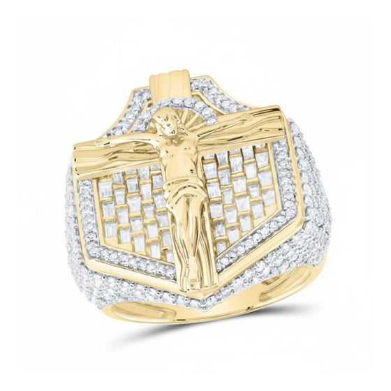 Anillo de oro de 10 quilates con cruz de Jesús y diamantes naturales de 3,75 quilates para hombre