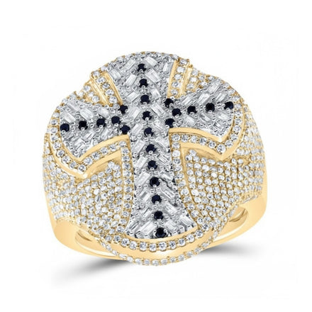 The 10k Gold Diamond Cross Men's Ring 2 7/8 Cttw features a raised silver cross with black and white diamonds, plus additional white stones accenting the band and cross for a bold, sparkling appearance.