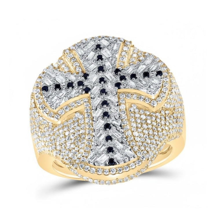 The 10k Gold Diamond Cross Men's Ring 2 7/8 Cttw features a raised silver cross with black and white diamonds, plus additional white stones accenting the band and cross for a bold, sparkling appearance.
