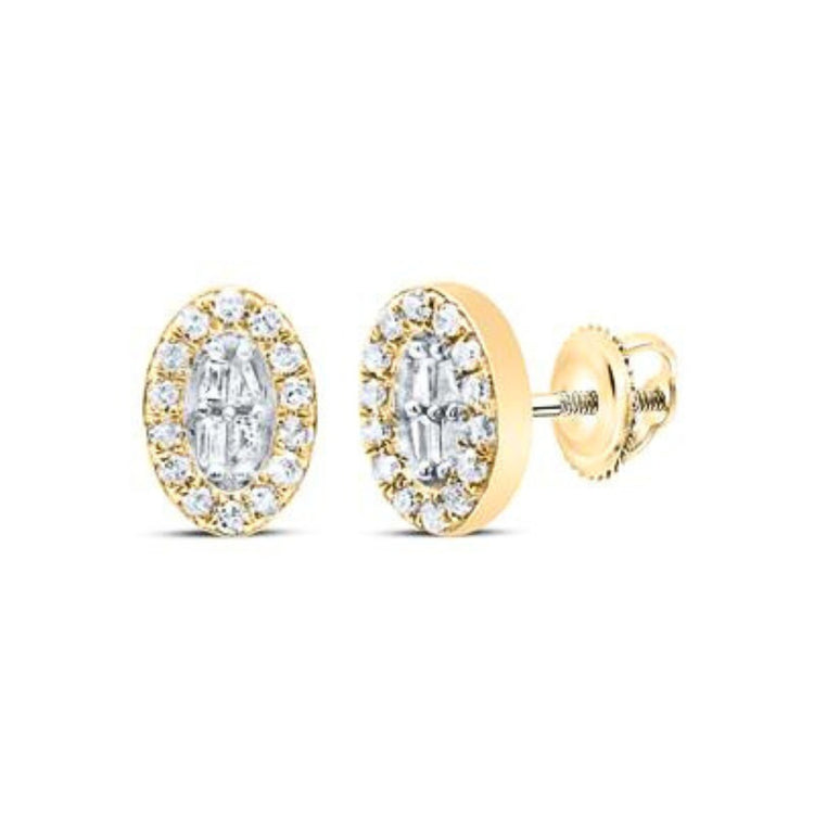 10k Yellow Gold Oval Baguette Diamond Earrings 1/8CT close-up detail - GOLDZENN