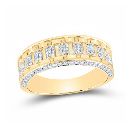 The 3/8 CTTW Natural Diamond Men’s Band in 14K gold features vertical rows of sparkling diamonds set along the top and edges, offering a bold, elegant look against a plain white background.