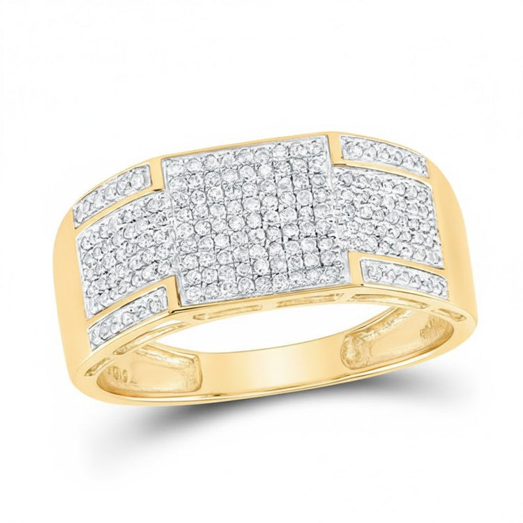 The 10k Yellow Gold Diamond Band Ring 3/8 Cttw showcases a wide band with a rectangular, diamond-encrusted top in a sparkling grid pattern for modern elegance.