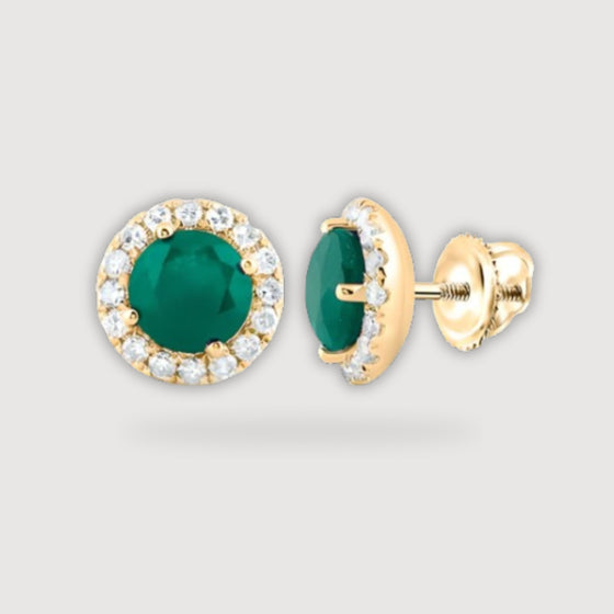 alt=" Discover gold earrings featuring 1-1/5CTW emeralds & diamond halo in 14K yellow gold, blending elegance and timeless sparkle. "