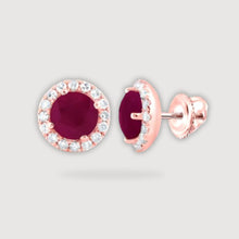  1-1/5CTW Round Ruby Halo and Diamond Solitaire Stud Earrings - 14K Rose GoldDiscover luxury with 1-1/5CTW Ruby Halo and Diamond Stud Earrings in 14K Rose Gold. Perfect gold earrings for elegance and sophistication.