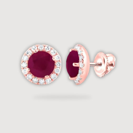 alt=" Discover luxury with 1-1/5CTW Ruby Halo and Diamond Stud Earrings in 14K Rose Gold. Perfect gold earrings for elegance and sophistication. "